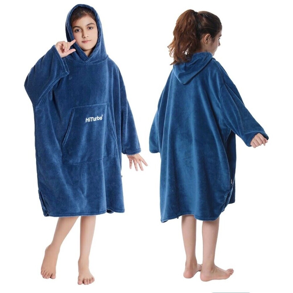 HiTurbo Kids Microfiber Terry Changing Robe‎ Hooded Towel Poncho Blue Kids 5-12